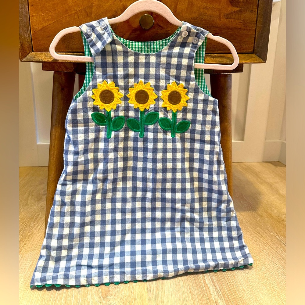 Blue Green Gingham Girls Dress with Sunflower Appliqués Reversible Tractor 3T